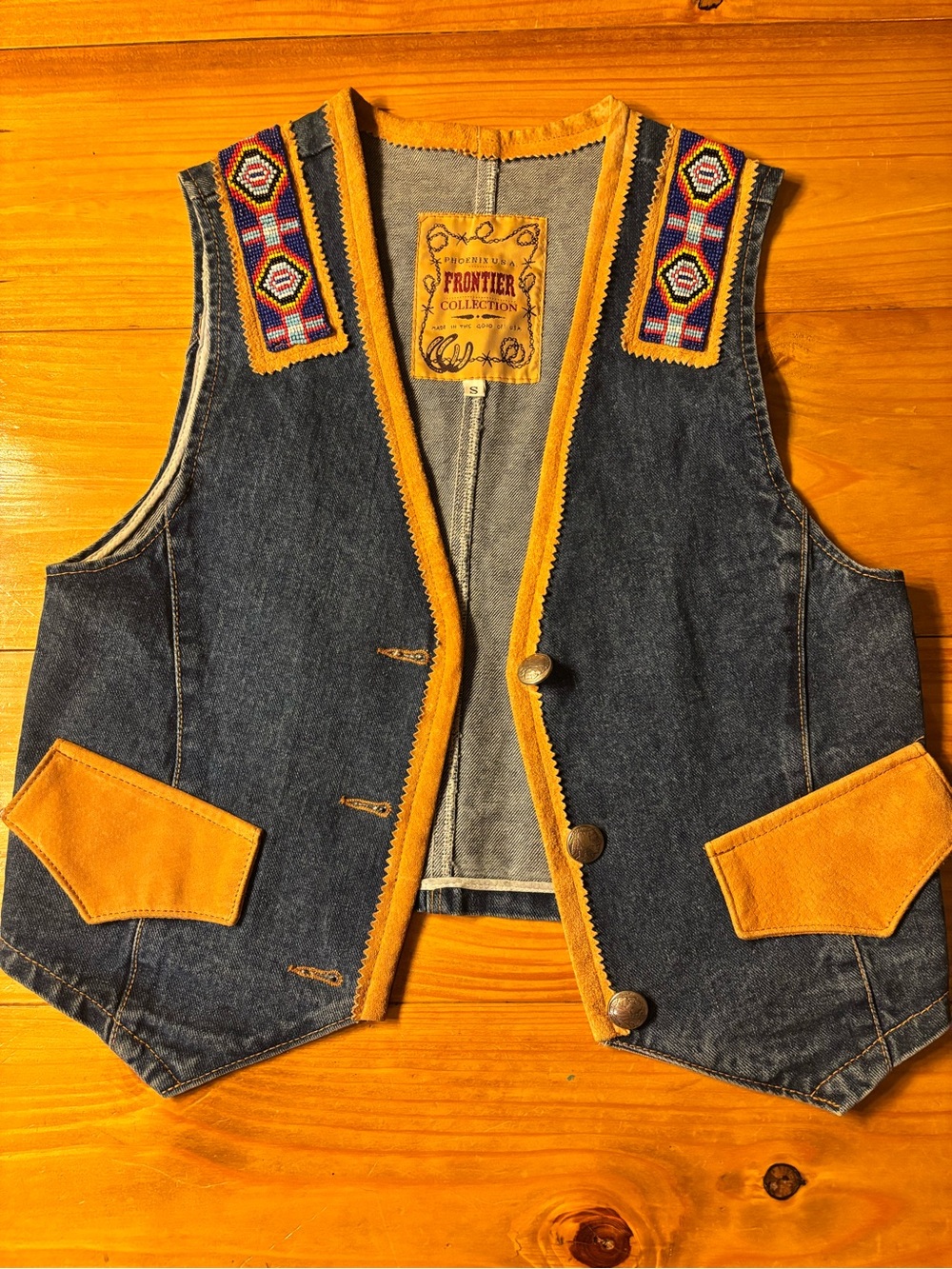 Women's Vintage Denim Vest with Suede Leather Trim and beading - Picture 1 of 5